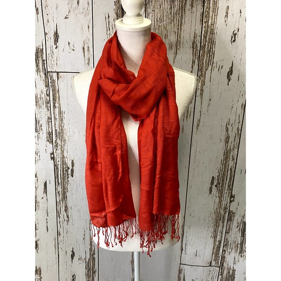 Red Scarf With A Fringed Hem - Picture 1 of 3